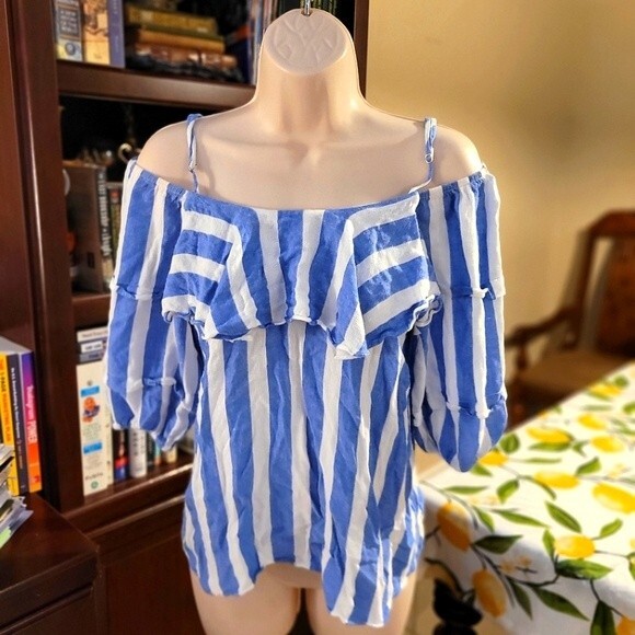 Coverstitched Blue/White Striped Cold/Open Off-Shoulder Blouse Size Small - Picture 2 of 3